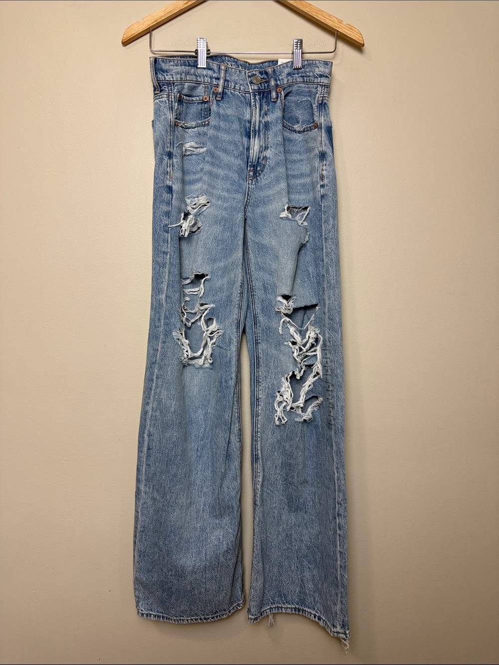 AEO Super High-Rise Destroyed  Wide-Leg Women’s Jeans - Light Blue size 26
